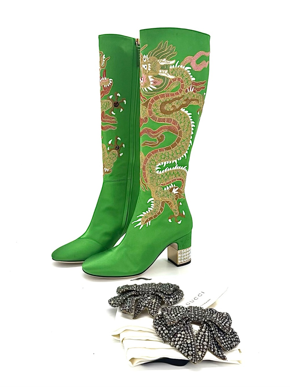 Gucci Candy Dragon Embroidered Bow Crystal Embellished Knee High Boots 36 - Picture 2 of 12